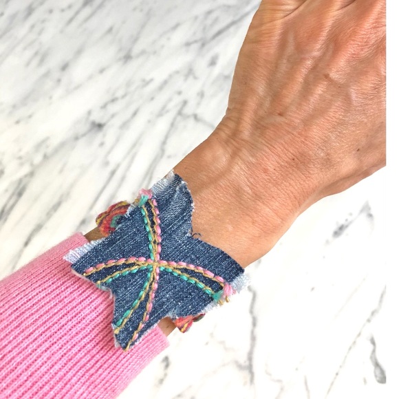 Denim Butterfly Stitched Woven Boho Bracelet, New - Picture 7 of 9